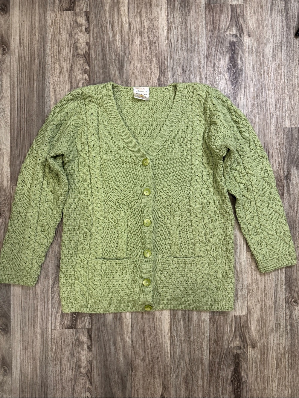 Kilronan Ireland 100% Merino Wool Aran Fisherman Cable Knit Cardigan Green